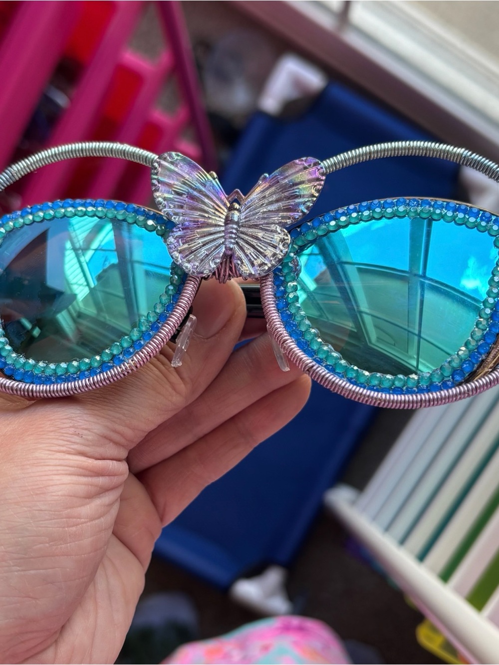 Iridescent Blue Mirrored Sunglasses with Wire Wrap and Rhinestone Accent